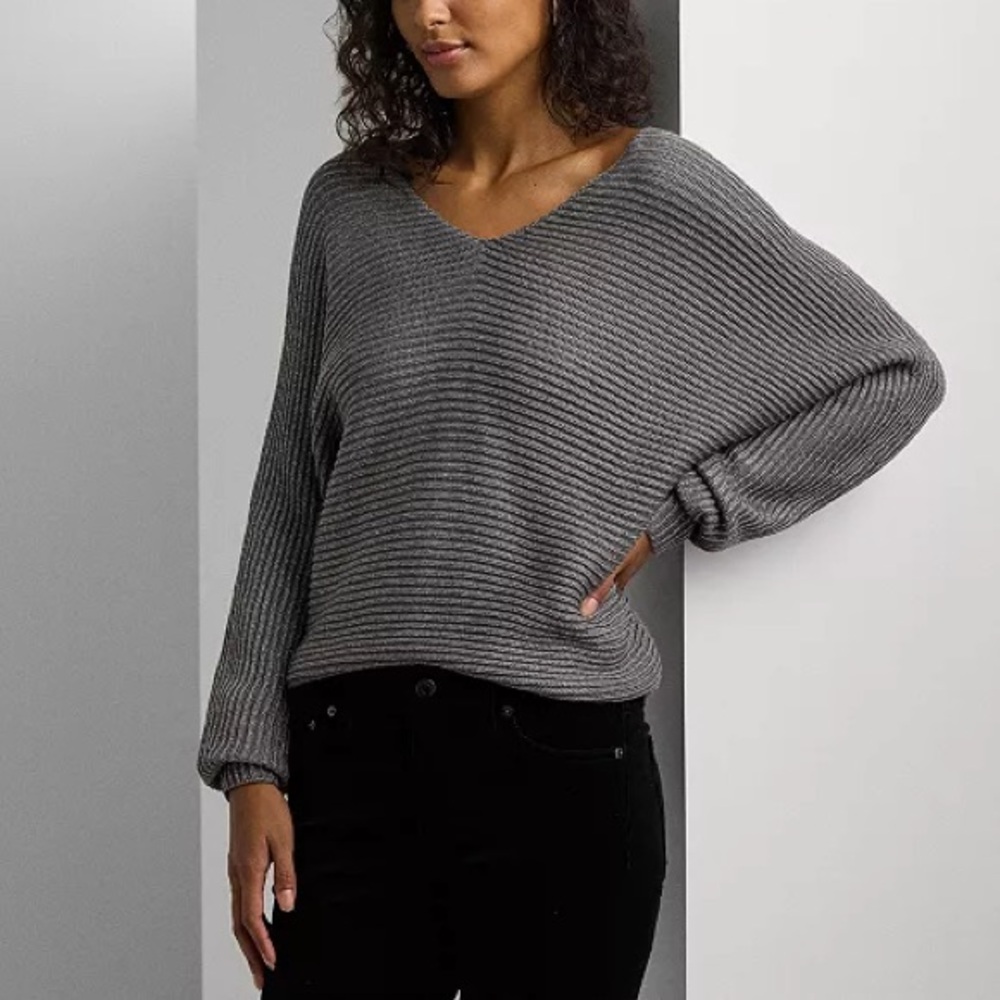 NWT Women RALPH LAUREN Metallic Stylish Sparkle Gray Knit Party Sweater Dolman